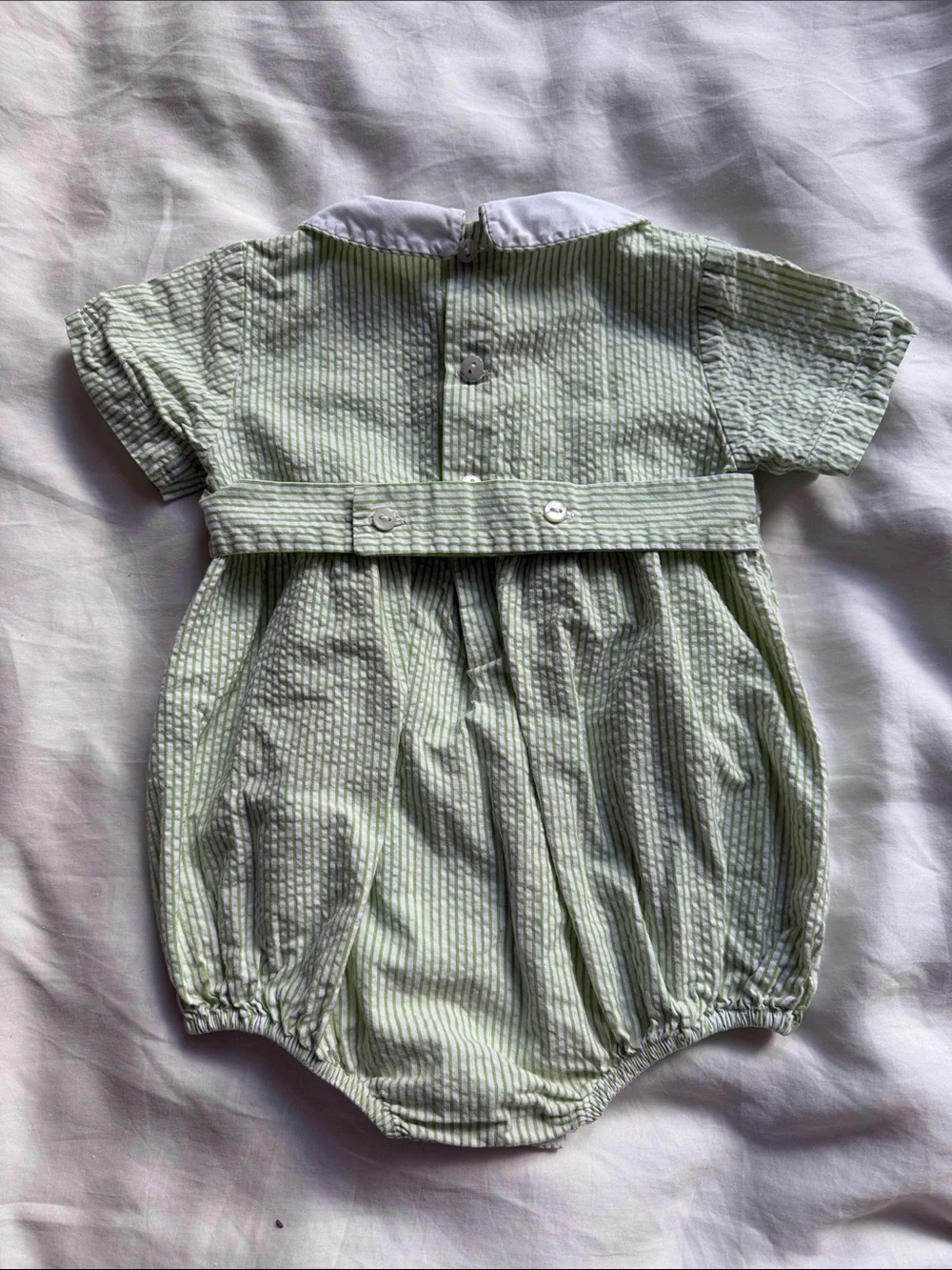 Monday's Child Green & White Striped Baby Romper with White Collar